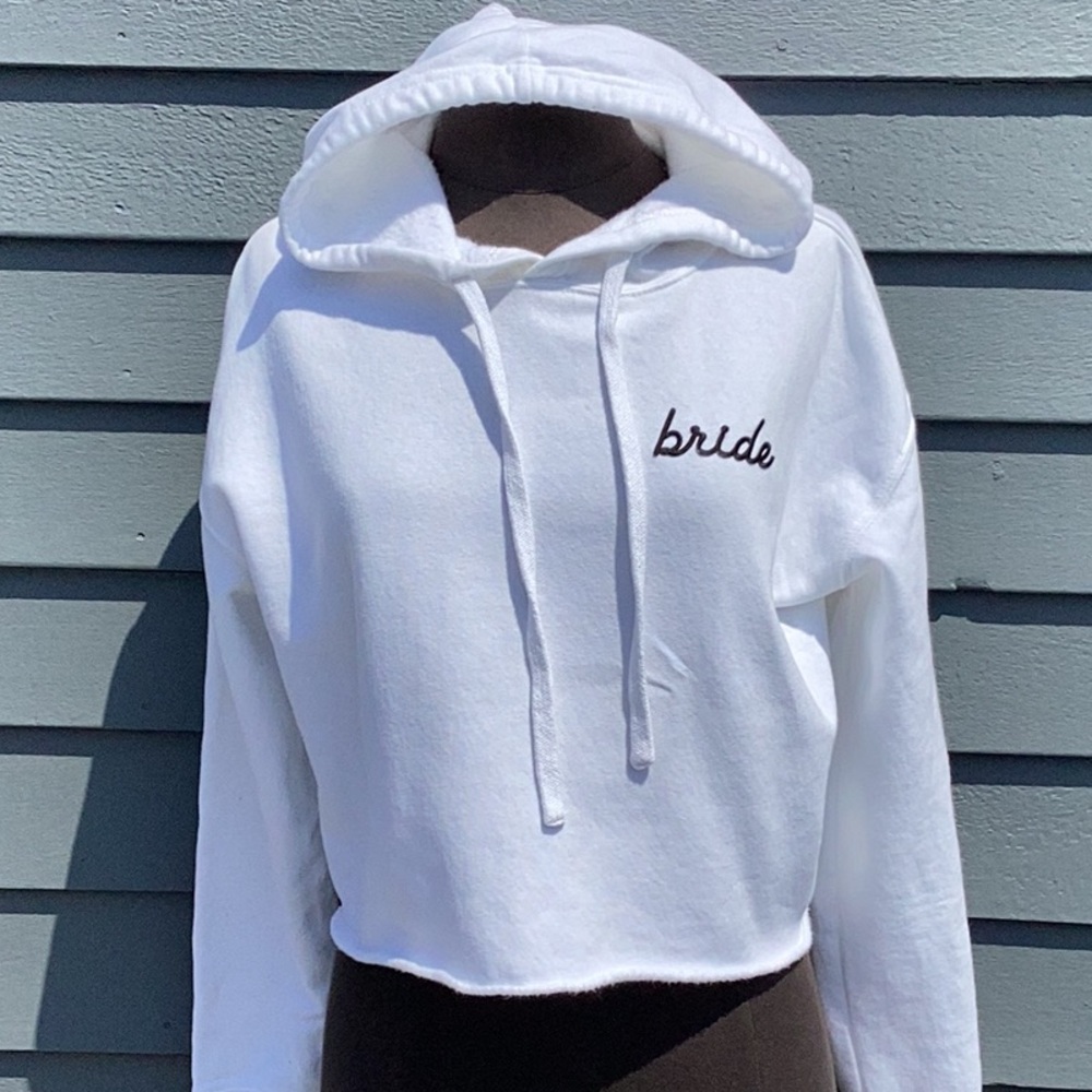White Crop Hoodie with Black “Bride” Script